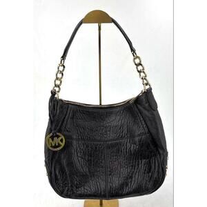 Michael Kors Black Pebbled Leather Gold Studded Shoulder Handbag Purse